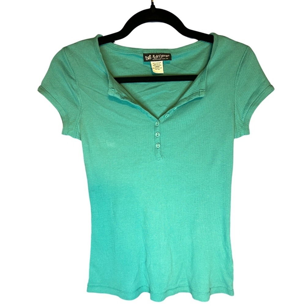 Y2K 2000s Self Esteem Womens Size L Teal Henley Top Elana Bella Clean Girl